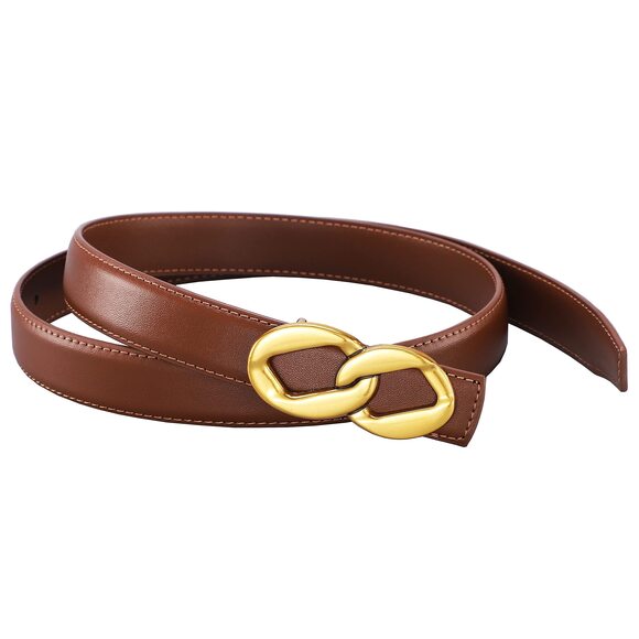Womens Thin Belts Skinny Leather Dress Belt, Gold Double Ring Buckle For  7687
